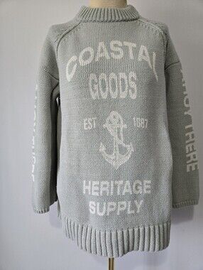 Pilcro Crewneck Nautical Oversized Knit Sweater - Light Sage & White. Size S